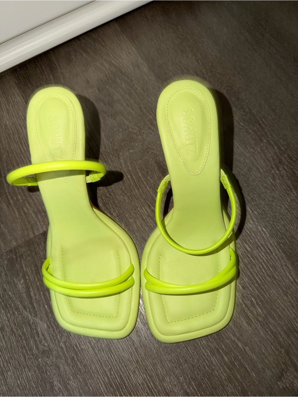 SCHUTZ Neon Lime Double-Strap Square Toe Slide Sandals